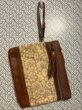 Myra Bag Brown and Cream Floral Wristlet Clutch